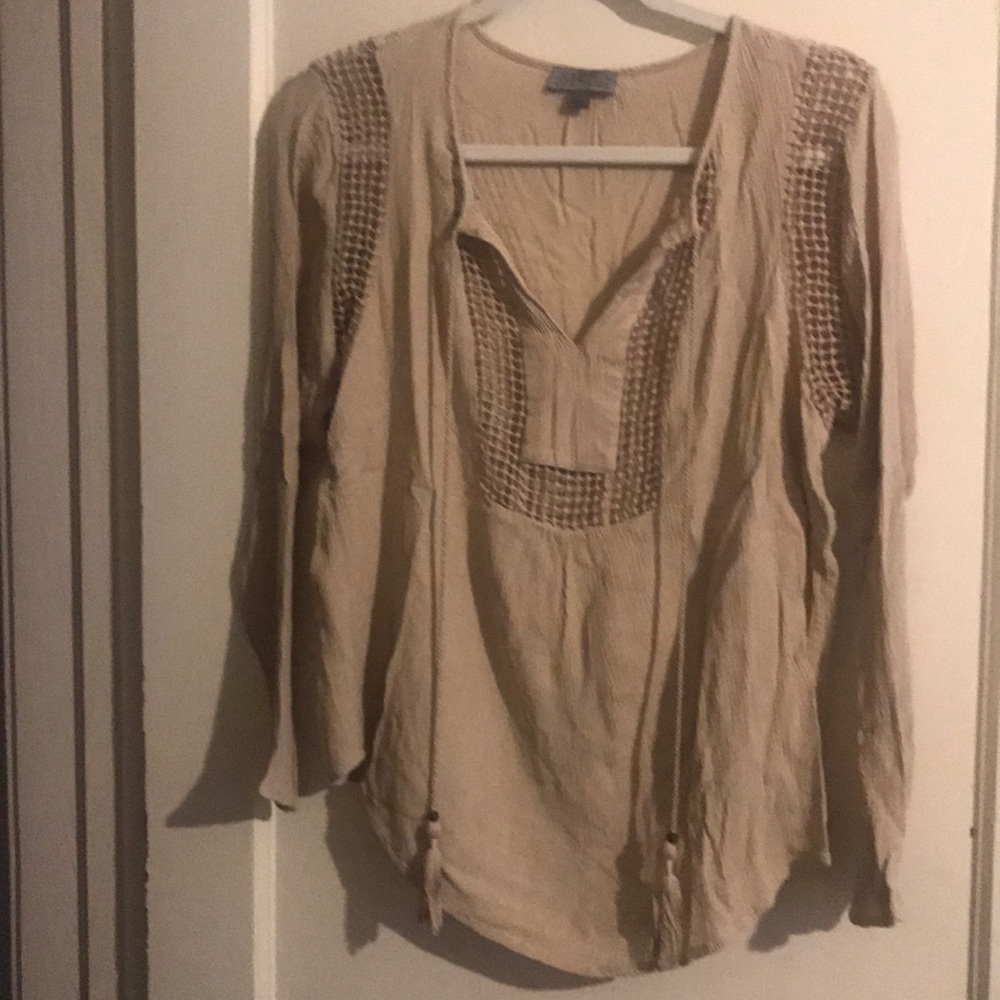 Beige Peasant Blouse w/Tassels and Crochet Detail